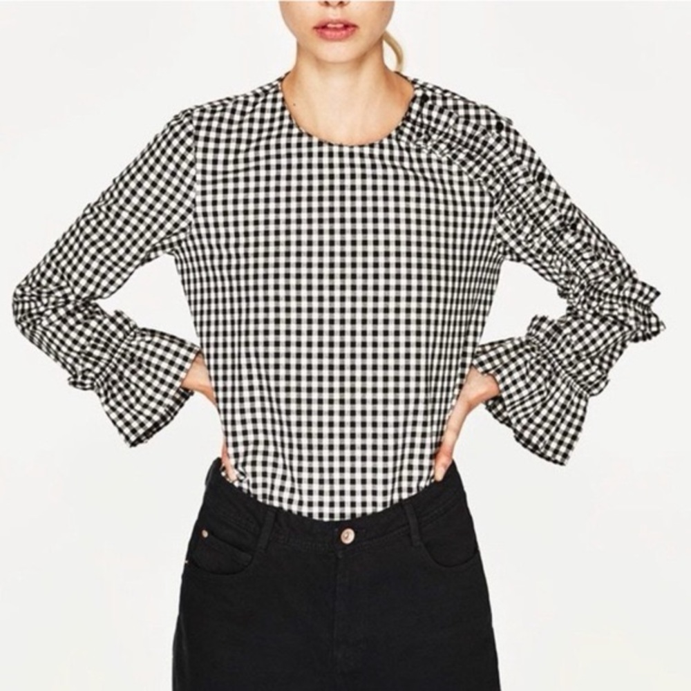 Zara Black and White Gingham Ruffle Blouse